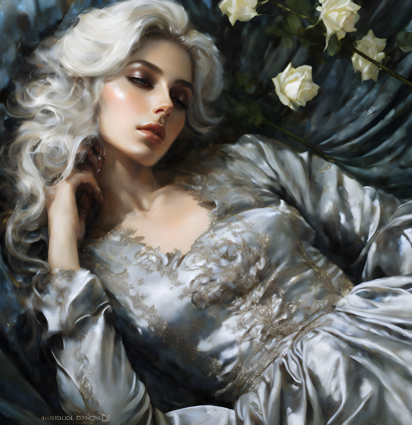 Illustrated woman with wavy hair in blue gown among white roses