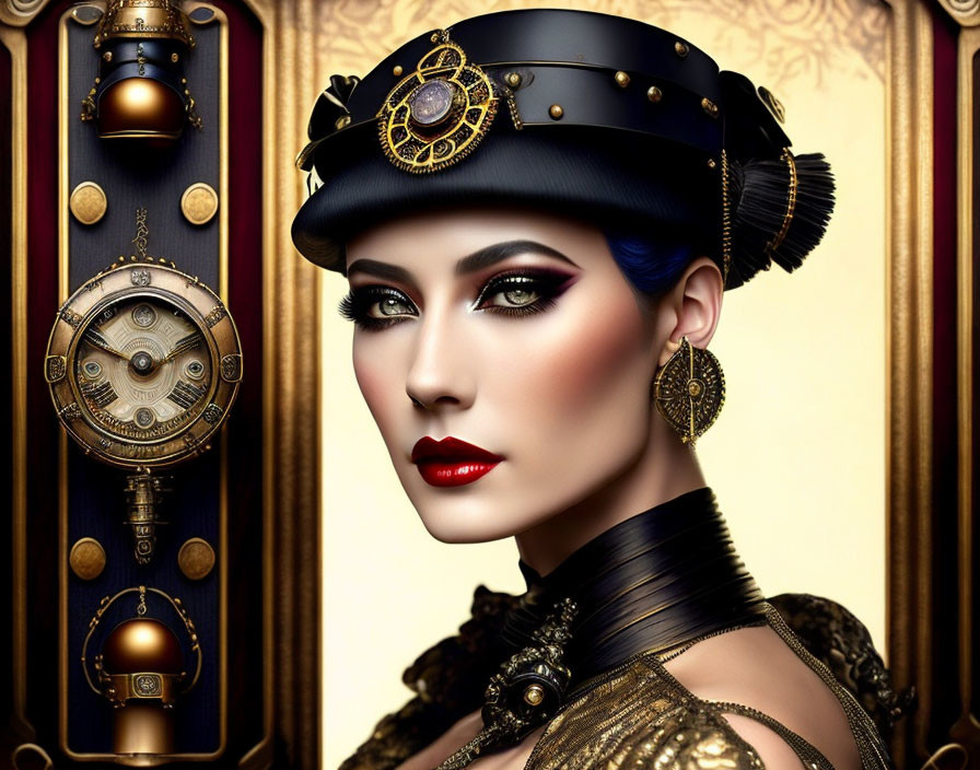 Woman with Steampunk Makeup and Accessories on Ornate Background