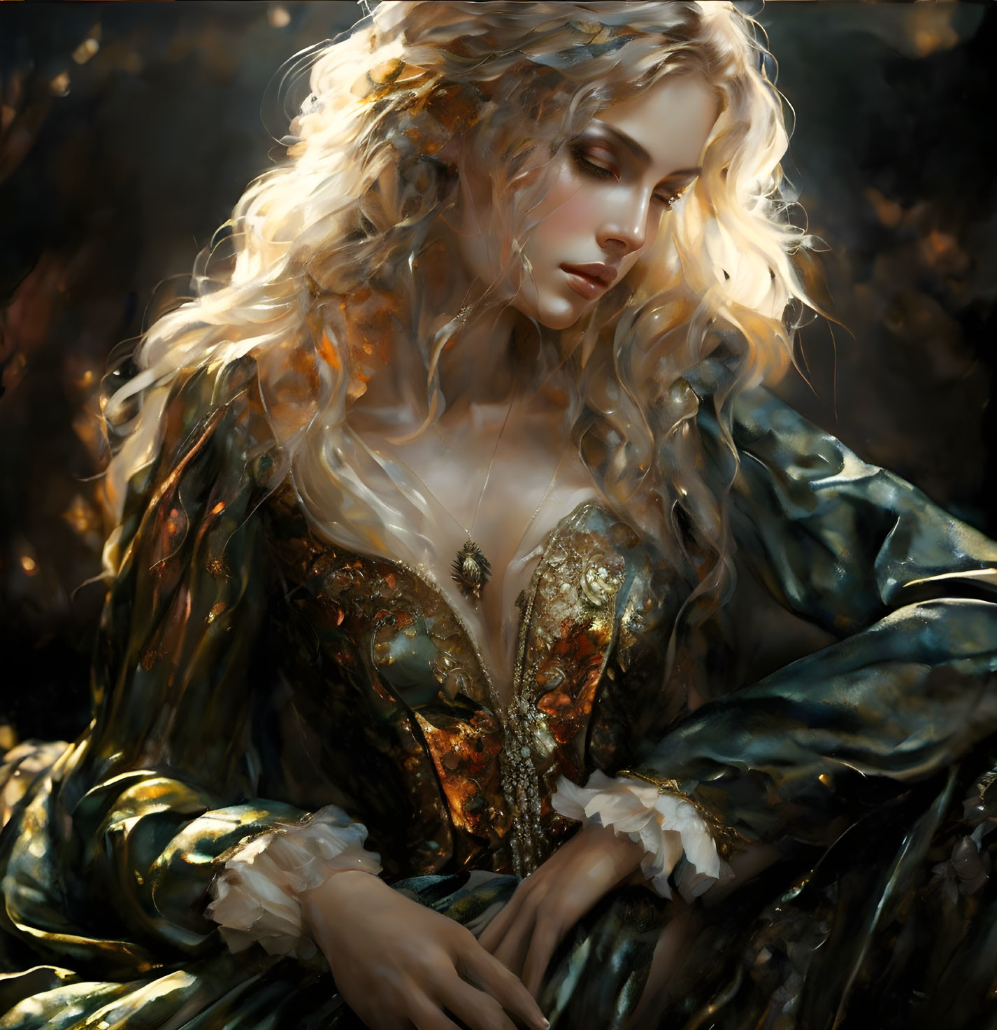 Blonde woman in green and gold dress in moody setting