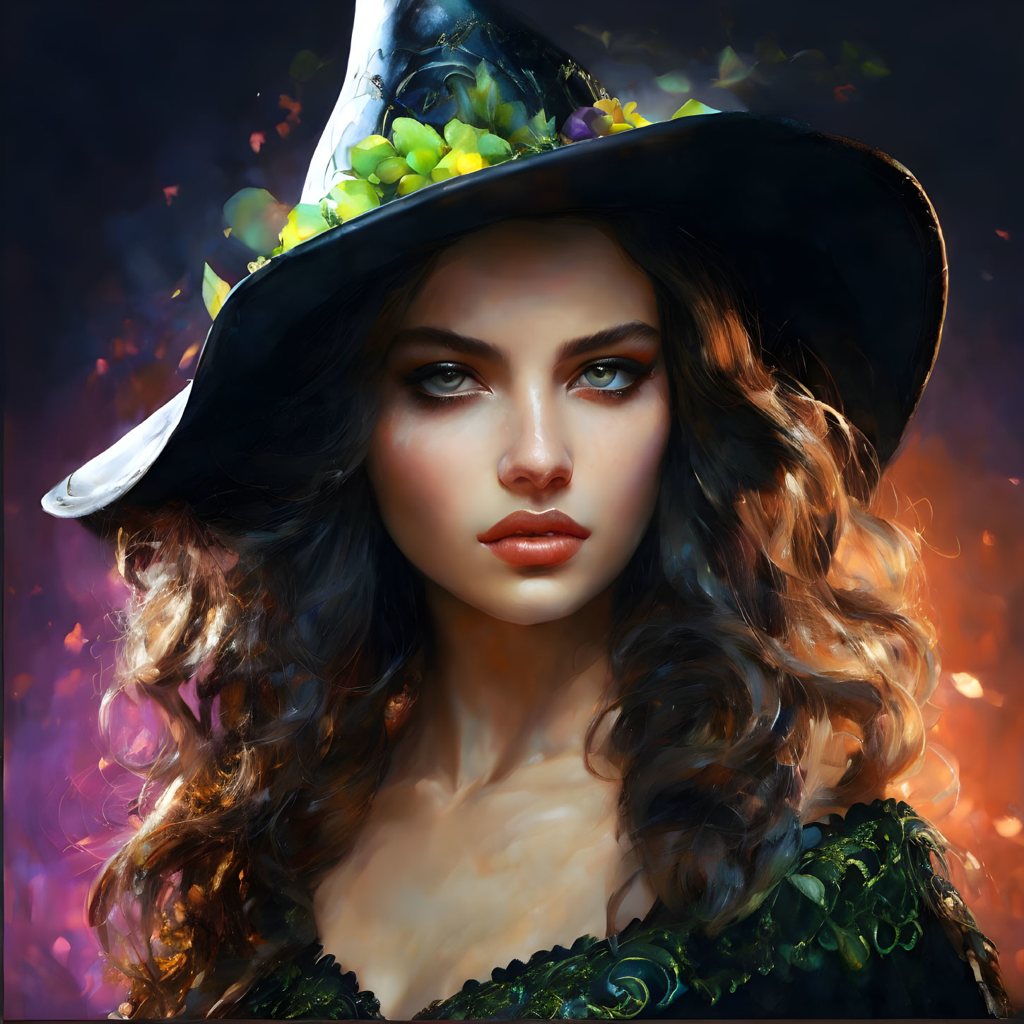 Woman with captivating eyes in witch's hat with green fruits on fiery-fantasy backdrop