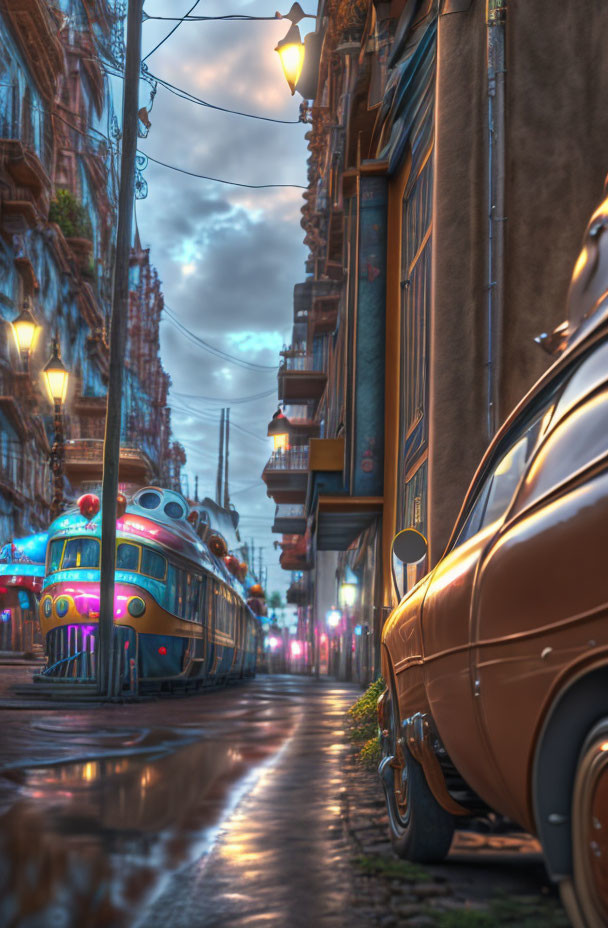 Vintage cars and colorful tram on dusky, wet street at twilight