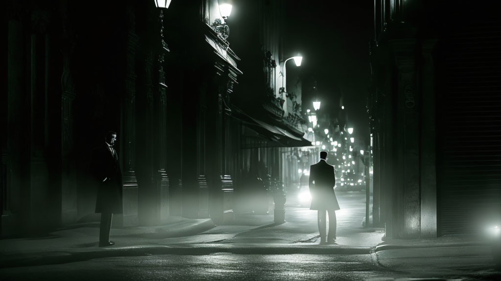 Silhouetted Figures on Dimly Lit Foggy Street at Night