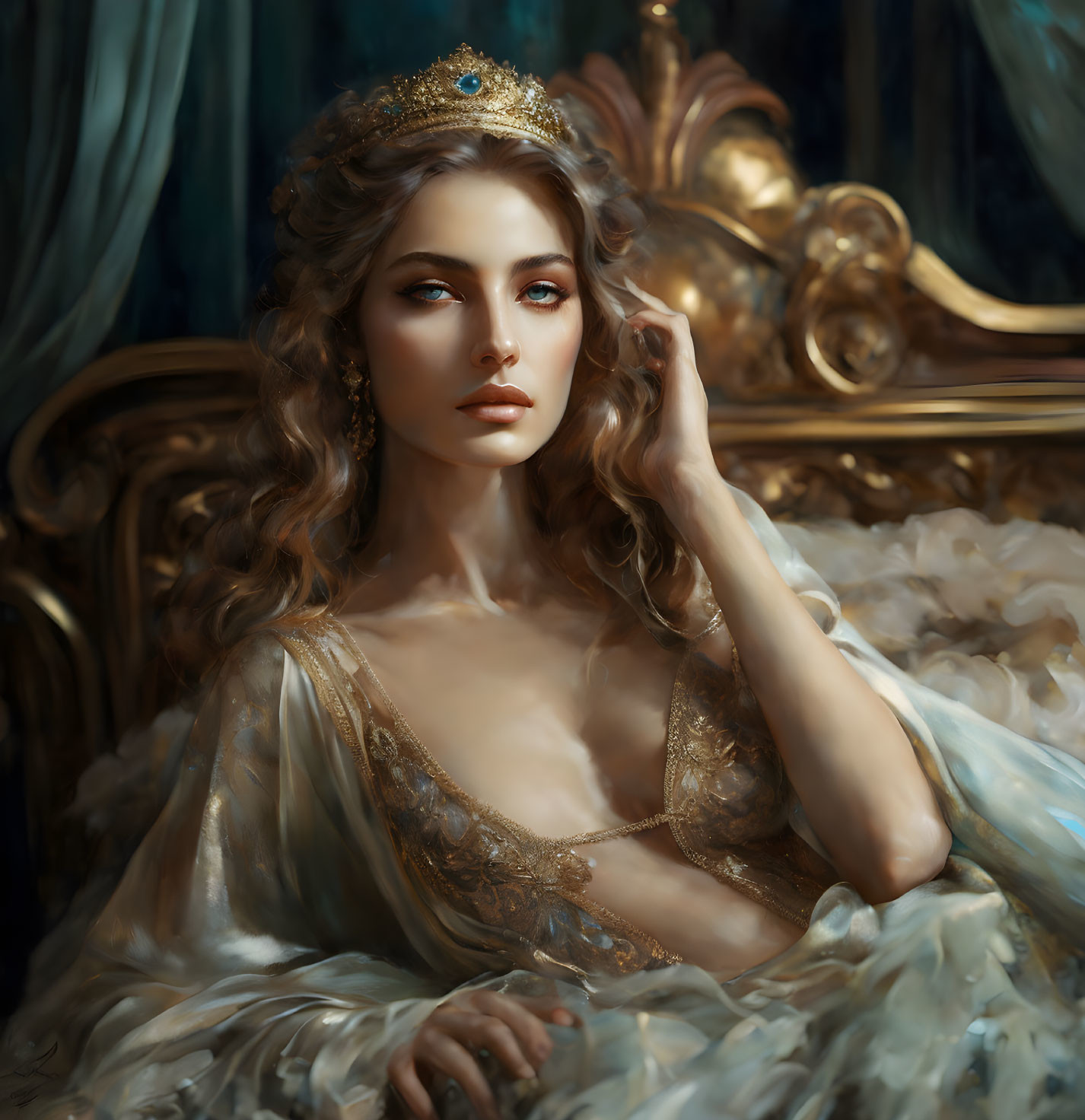 Regal woman in golden crown and luxurious dress against ornate backdrop