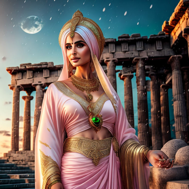 Elaborately dressed woman near ancient ruins under dramatic sky