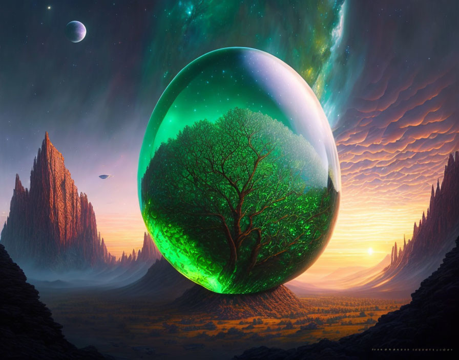 Fantastical landscape with giant orb, solitary tree, rocky spires, colorful sky, distant planet