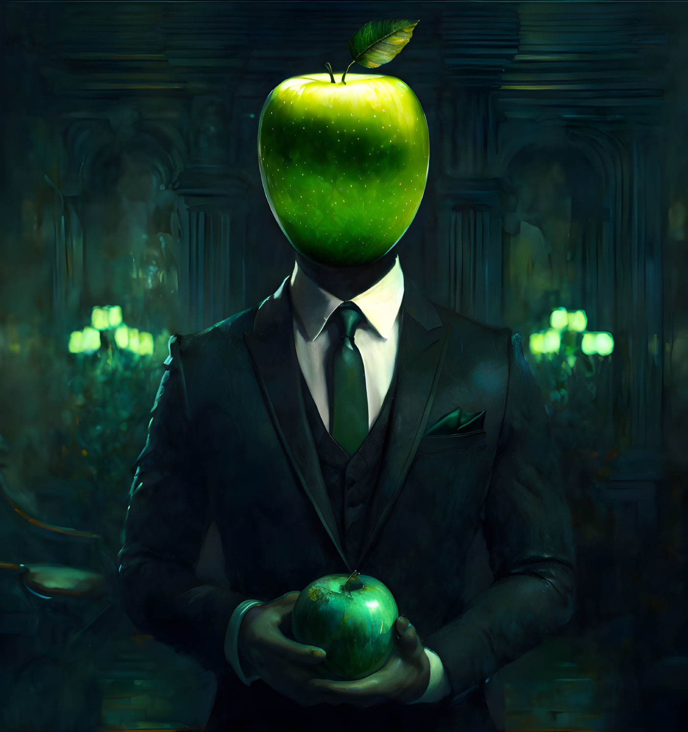 Surreal artwork: Person in suit with oversized green apple head, holding smaller apple