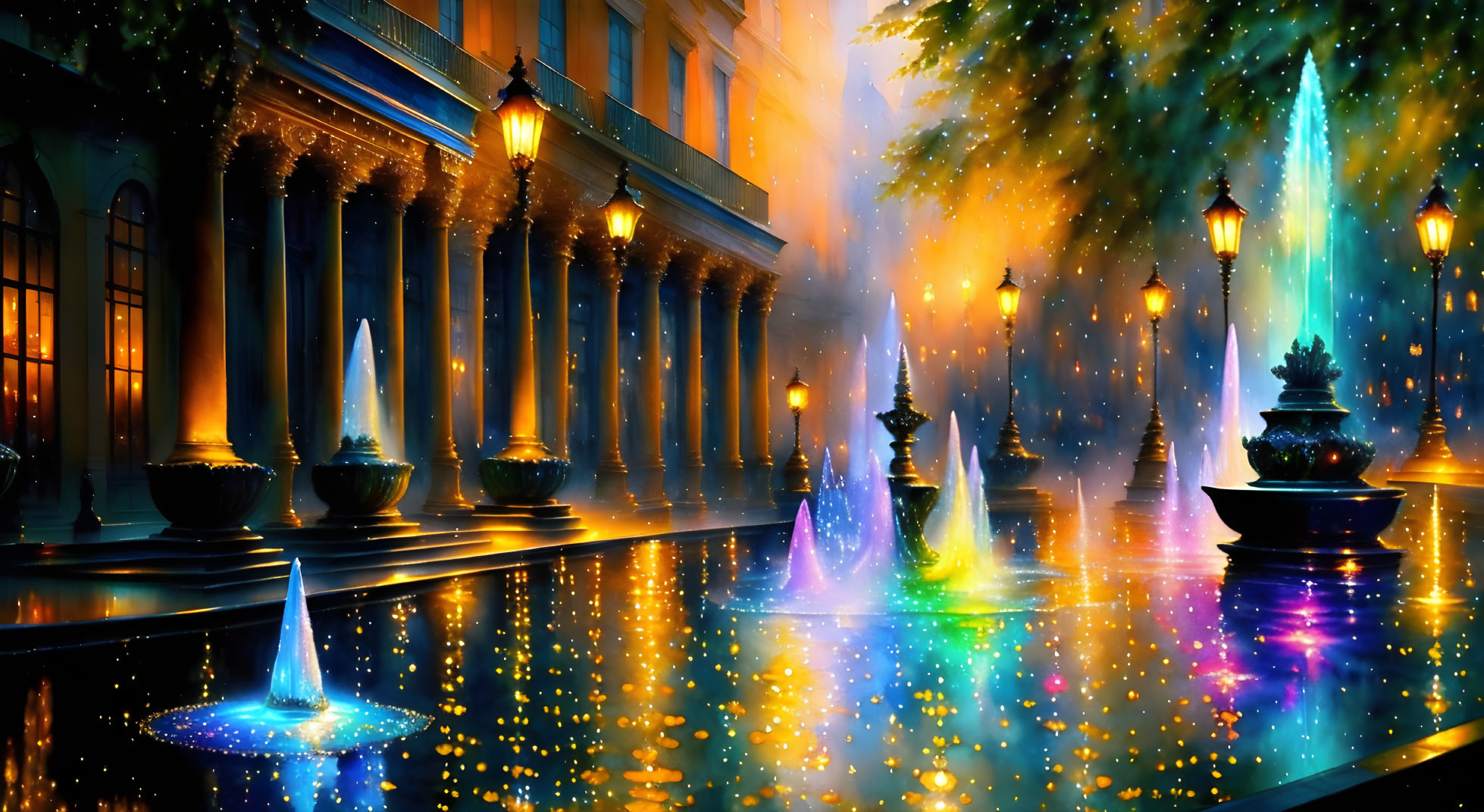 Colorful illuminated fountains and lanterns light up a magical evening beside classical architecture.