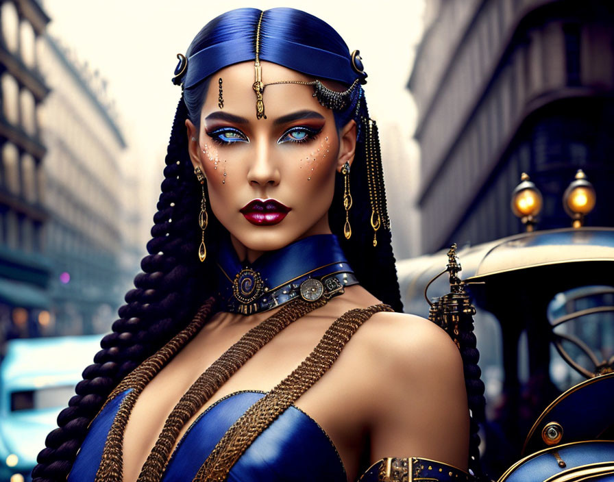 Blue-skinned woman with exotic makeup and gold jewelry in retro-futuristic cityscape