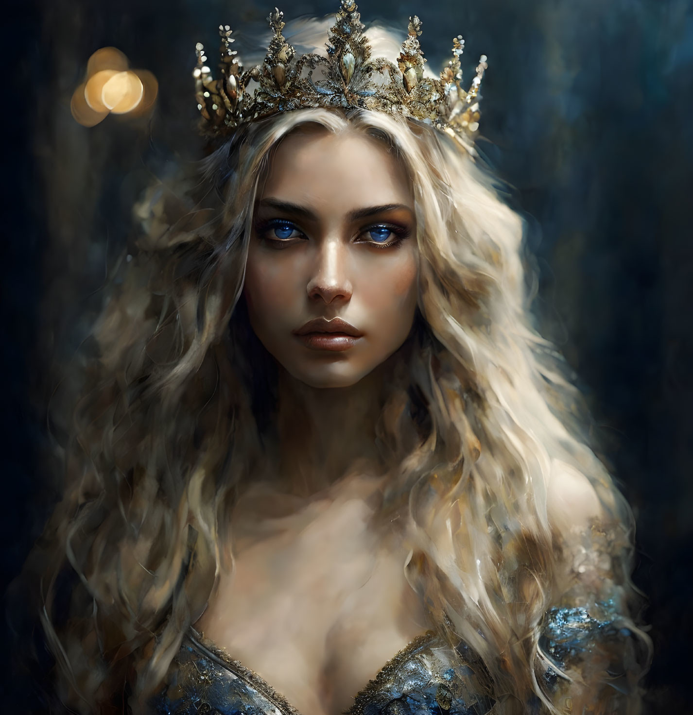 Ethereal woman with long blond hair and blue eyes in ornate crown and blue garment