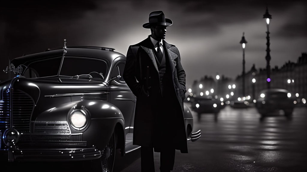 Vintage attire man with classic car in film noir setting