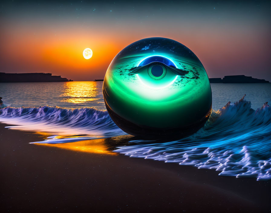 Surreal image: glossy eyeball on beach with crashing waves, sunset sky, large moon