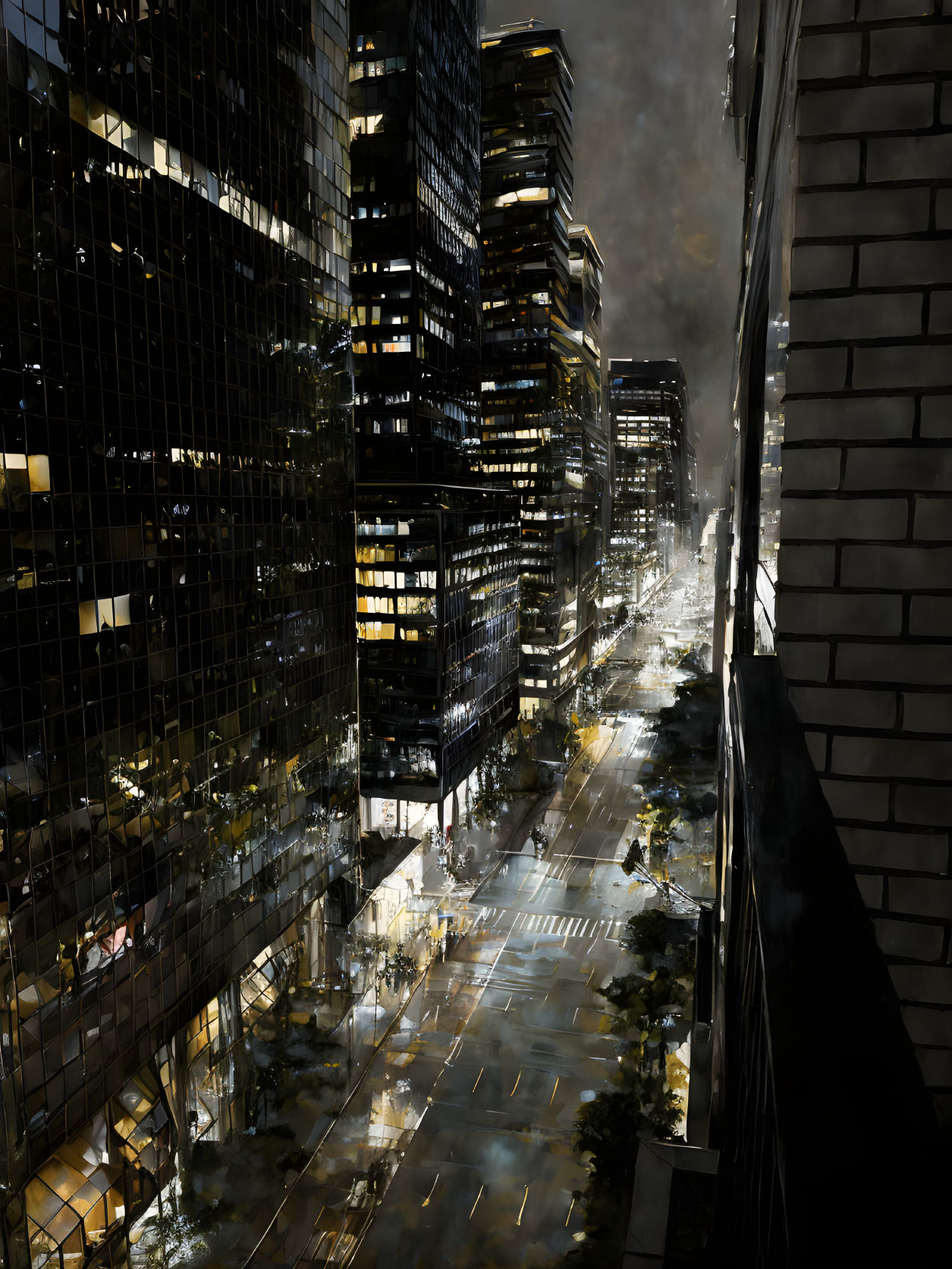 Urban night scene with glowing skyscrapers, empty street, and dramatic sky