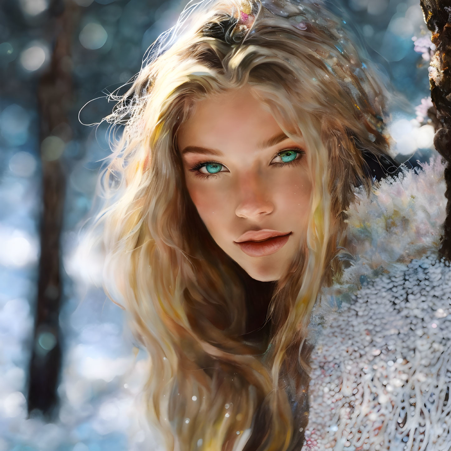 Young woman with green eyes and blonde hair in wintry forest portrait