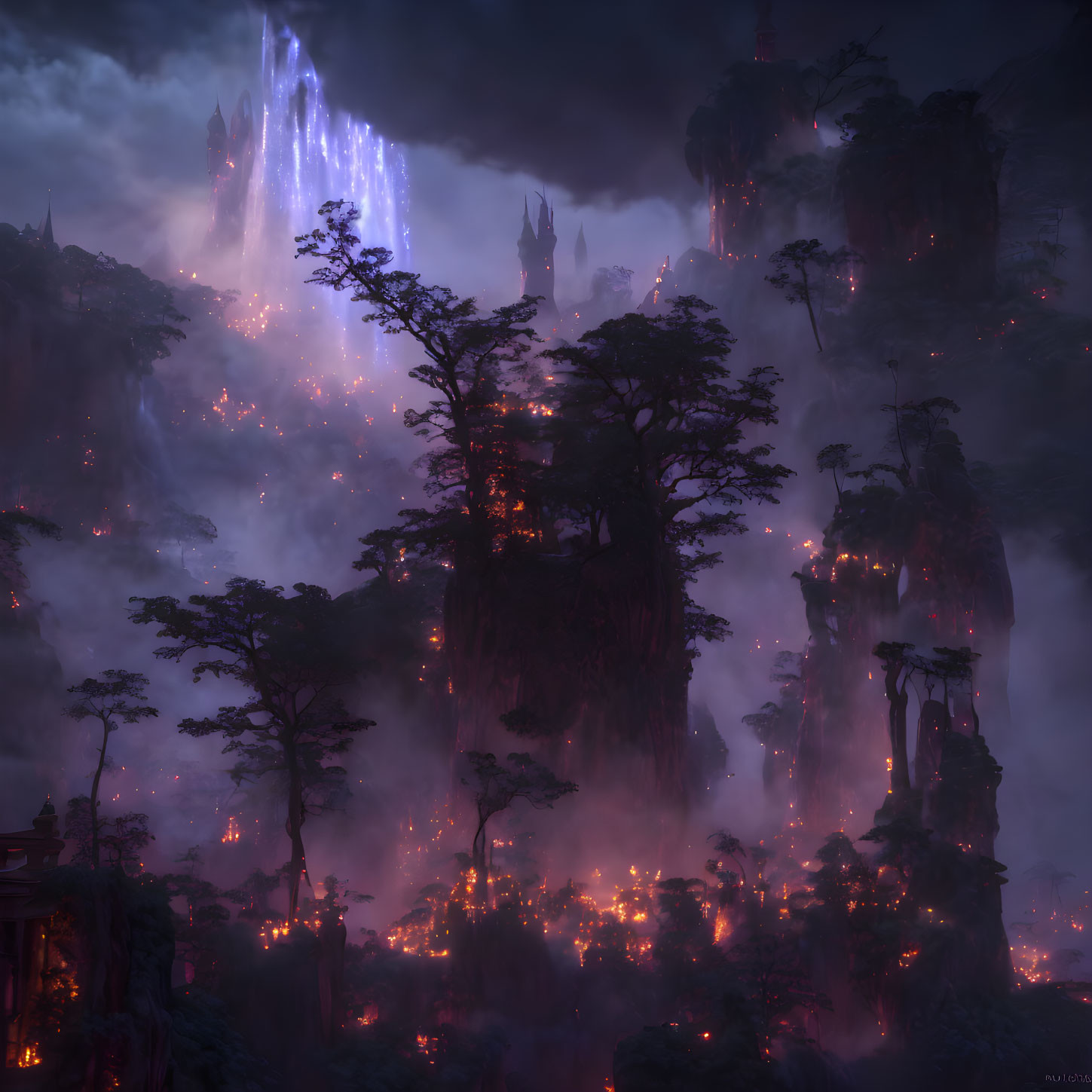 Enchanting night scene: mystical forest with red lights, towering trees, waterfalls, and mist