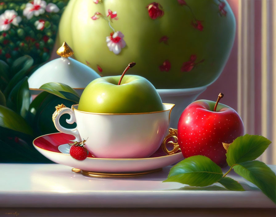 Green, yellow-green, and red apples in teacup surrounded by foliage and flowers