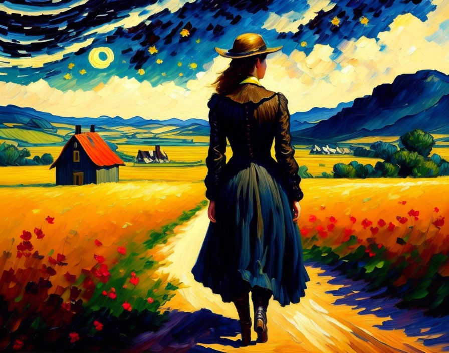 Woman in hat and long dress strolls sunlit path in vibrant countryside with cottage and flowers