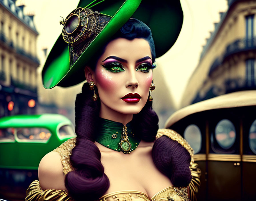 Colorful woman portrait in steampunk attire against city backdrop