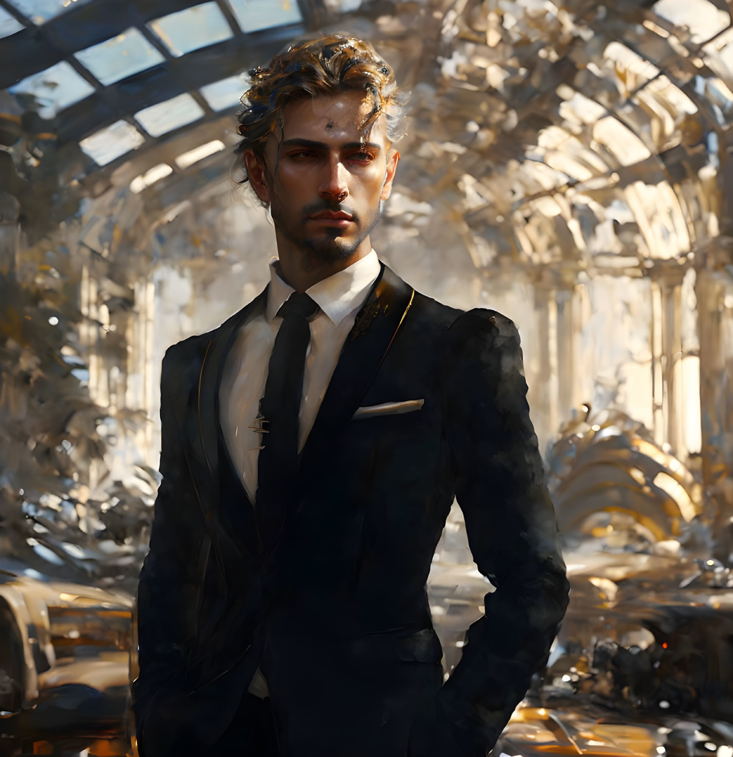 Digital artwork: Man in black suit, thoughtful expression, in sunlit, dilapidated building.