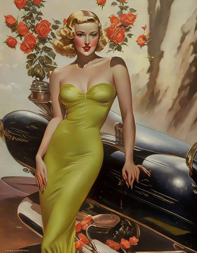 Vintage-style illustration: Woman in green dress with car and roses