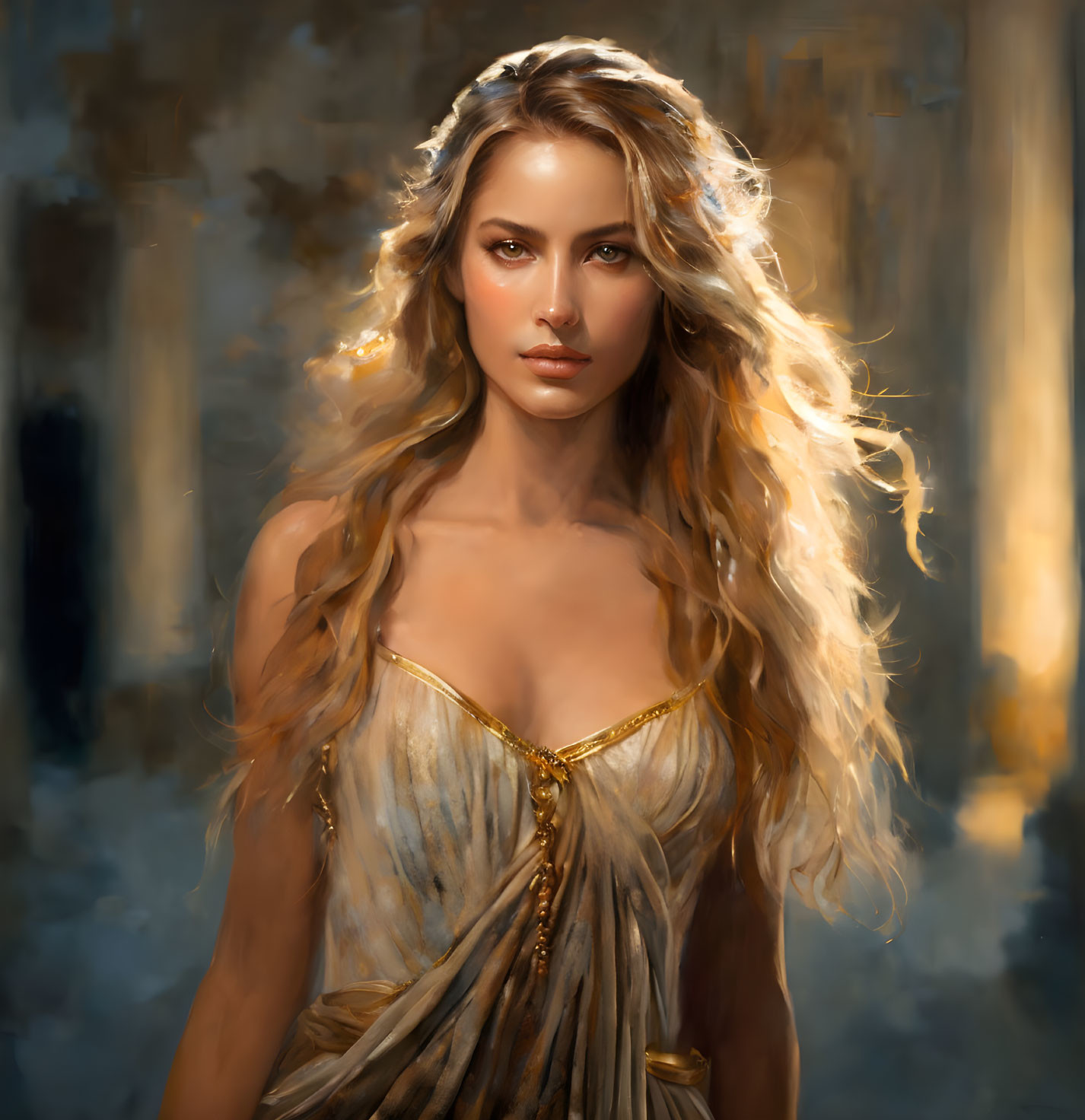 Woman with Golden Hair in Grecian Dress on Ethereal Background