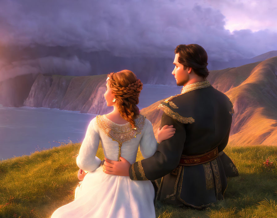 Animated man and woman in royal attire admire dramatic sunset landscape.