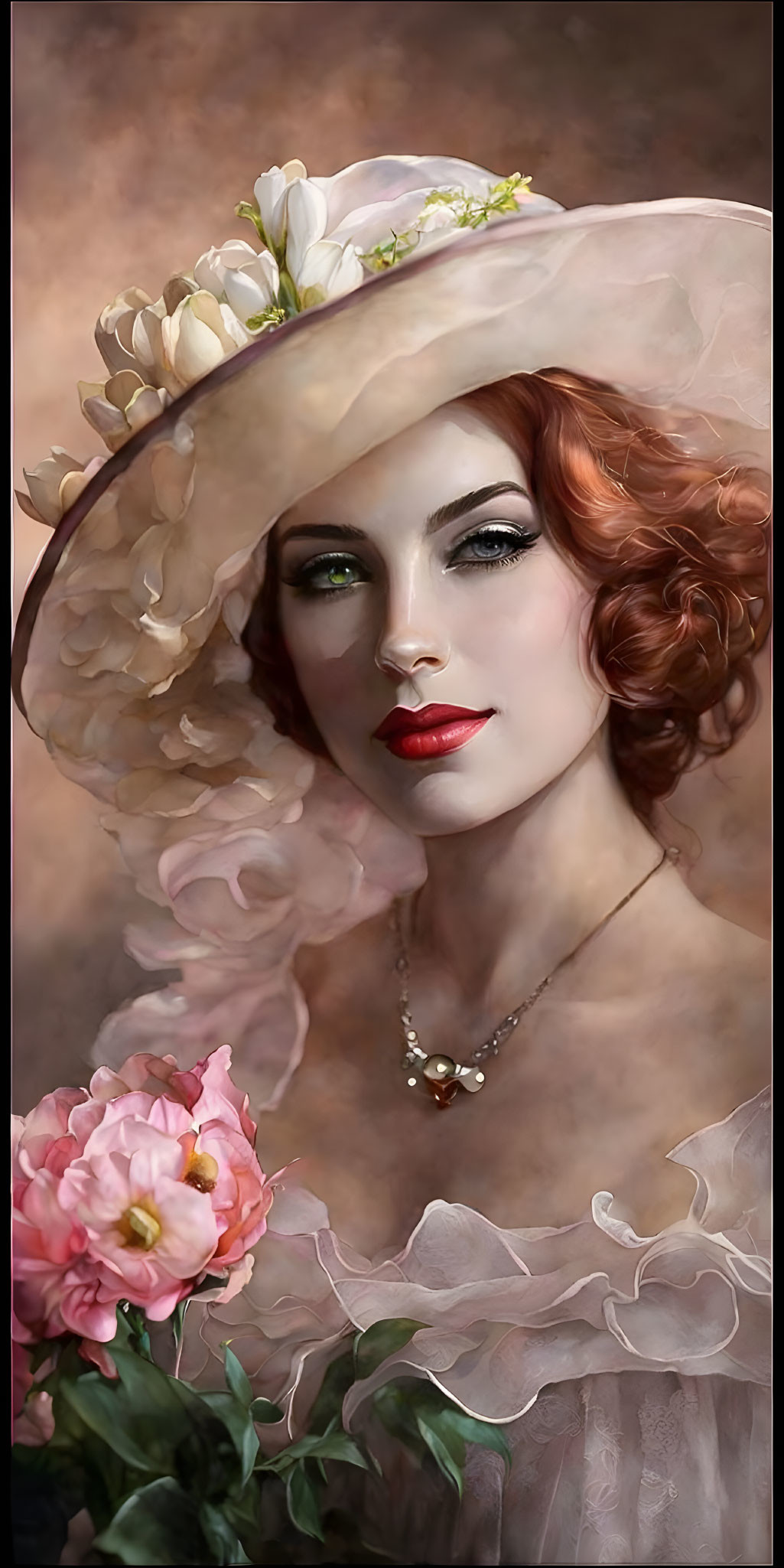 Red-haired woman in wide-brimmed hat with white flowers gazes at viewer