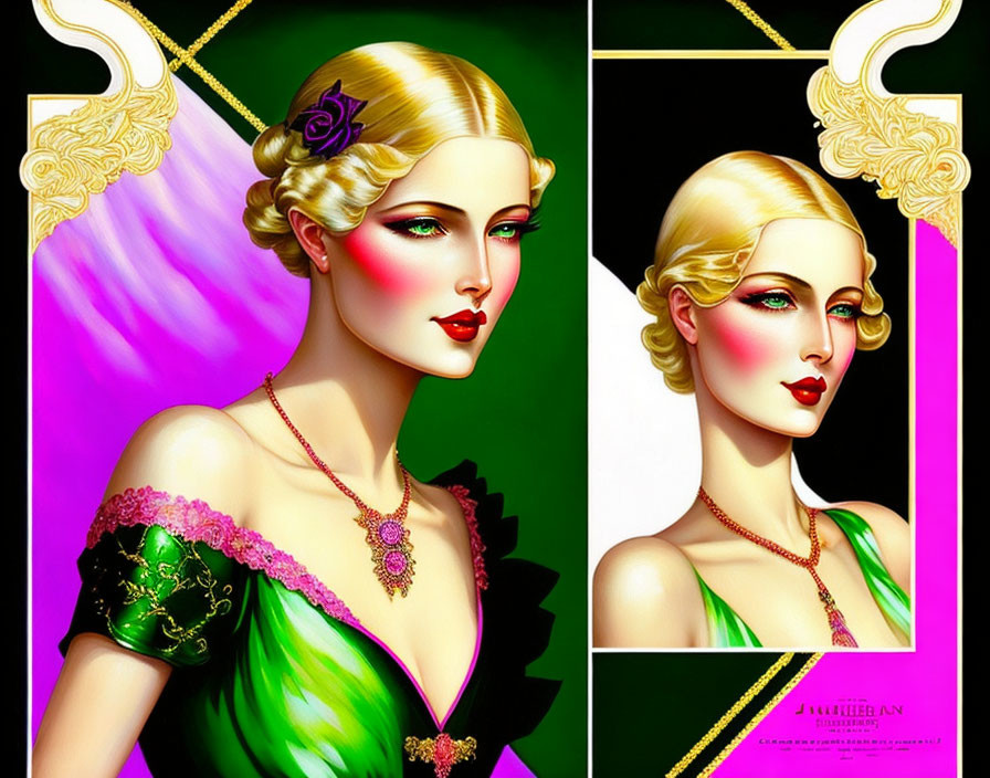 Illustration of a pale-skinned woman in Art Deco style with blonde wavy hair and green