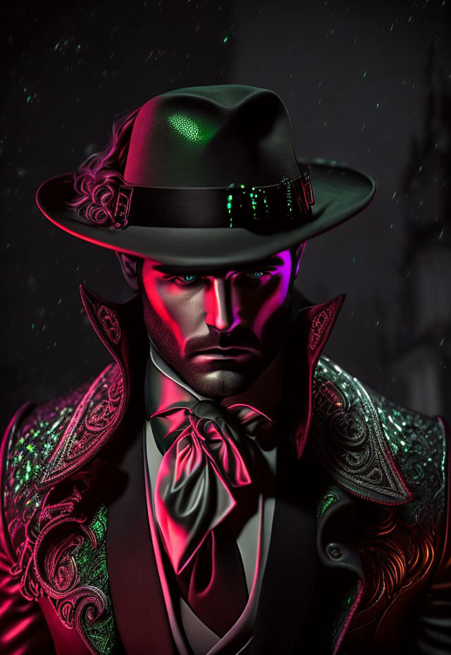 Stylized portrait of man in wide-brimmed hat and ornate green jacket