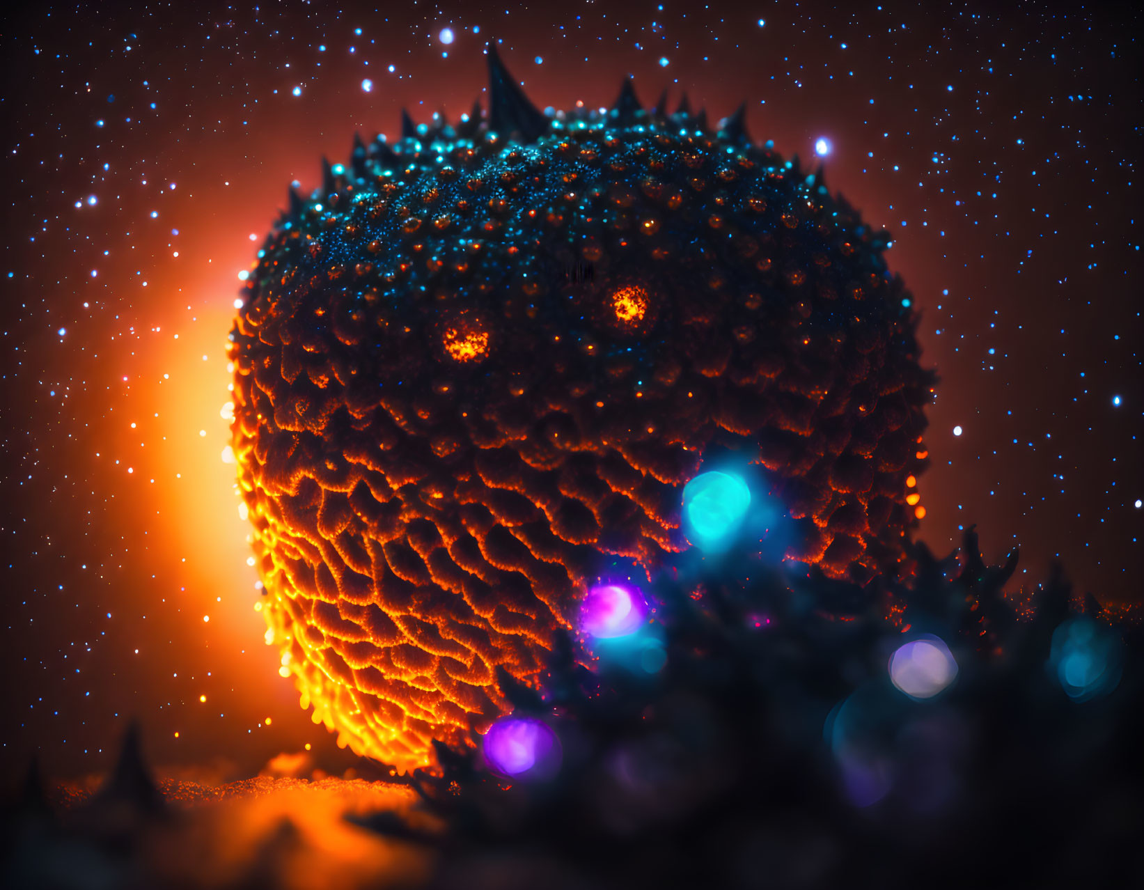 Glowing Spiky Sphere on Starry Background: Fiery Colors & Blue Accents