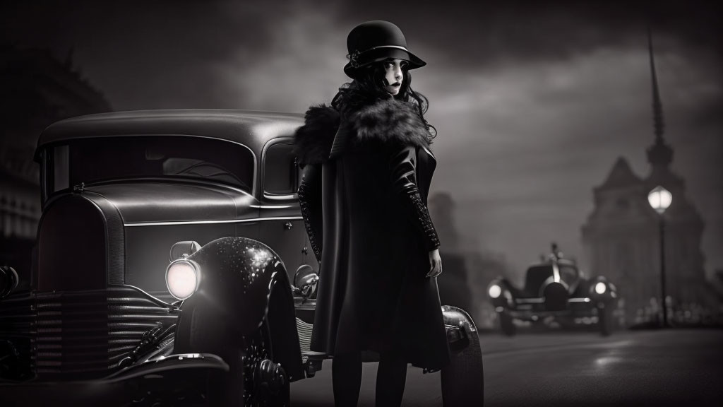 Vintage Outfit Woman Poses by Classic Car in Noir Setting