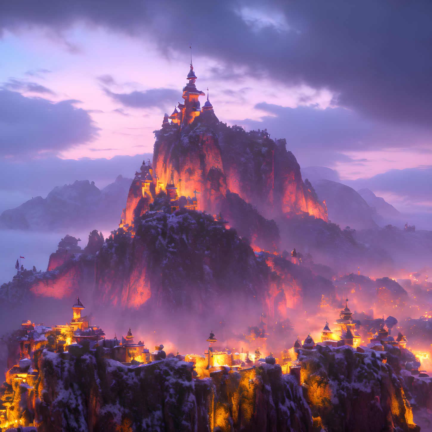 Majestic castle on craggy peak with pagoda-style structures in mystical twilight