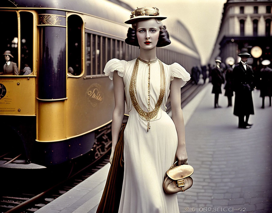 Vintage woman on train platform with yellow tram - early 20th-century vibe