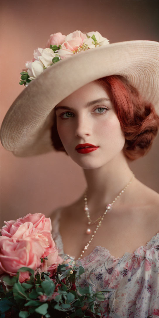 Red-haired woman in vintage waves, floral hat, dress, and pearl necklace with pink rose - classic