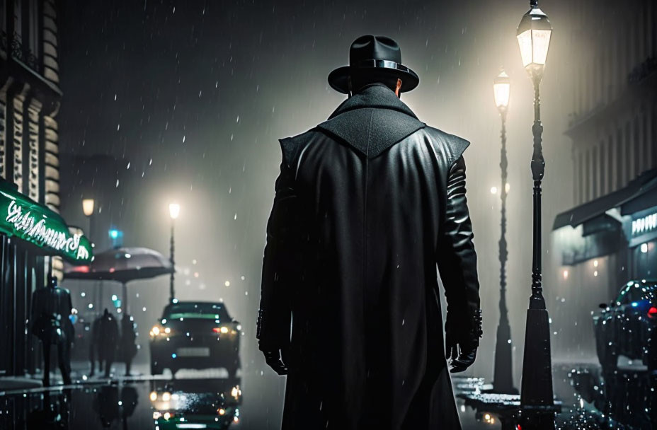 Man in trench coat and hat on rainy night street with blurred background.