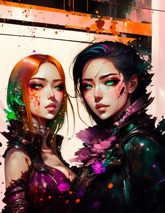 Stylized female characters with vibrant hair and bright paint splashes