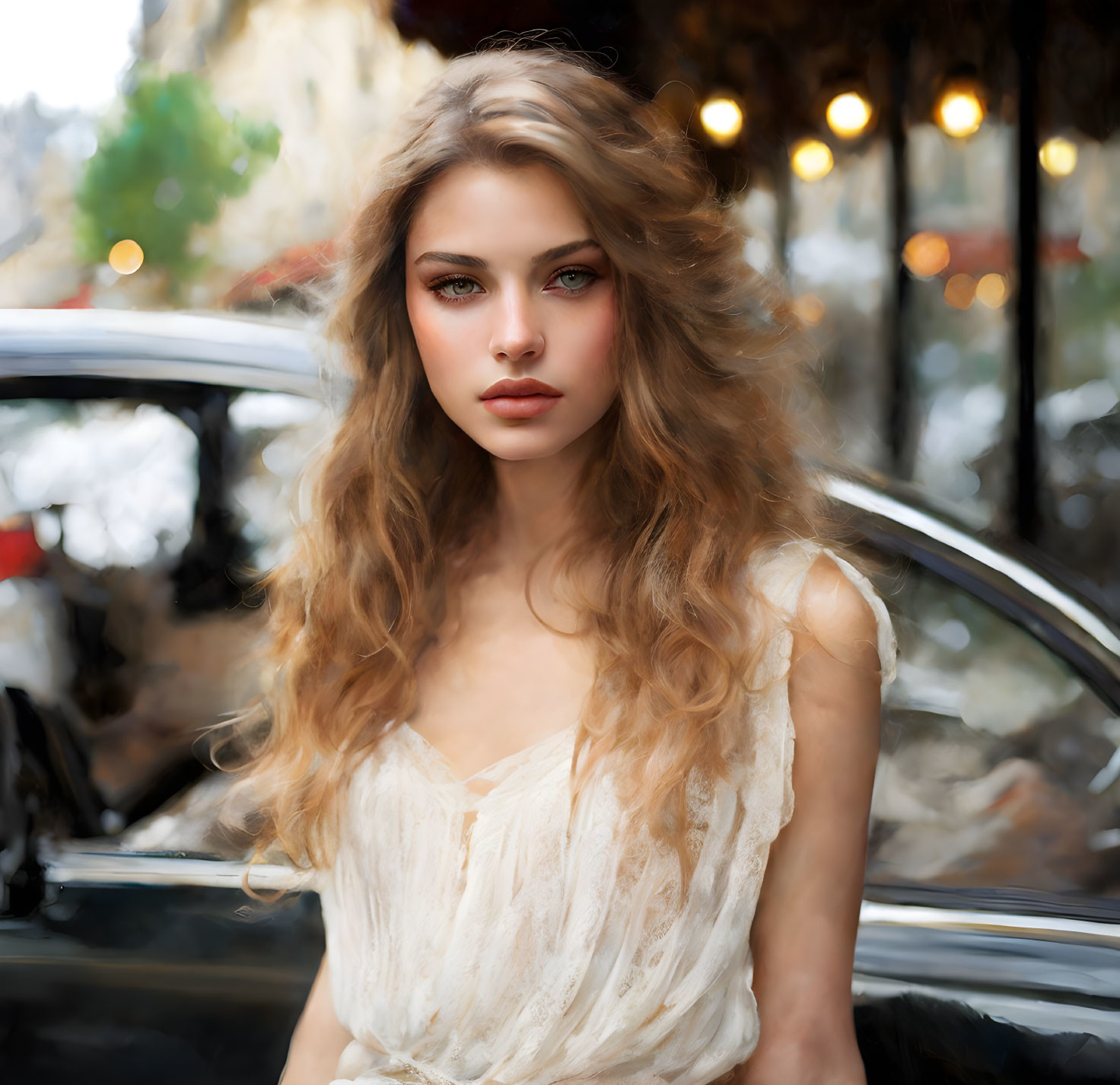 Blonde woman in flowy dress by car with street lights