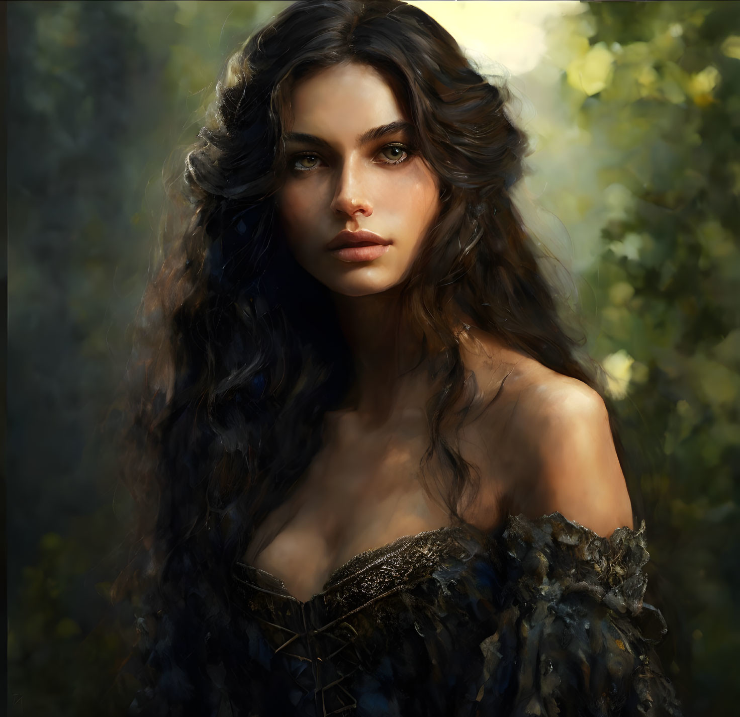 Portrait of Woman with Long Dark Hair and Green Eyes in Forest Setting