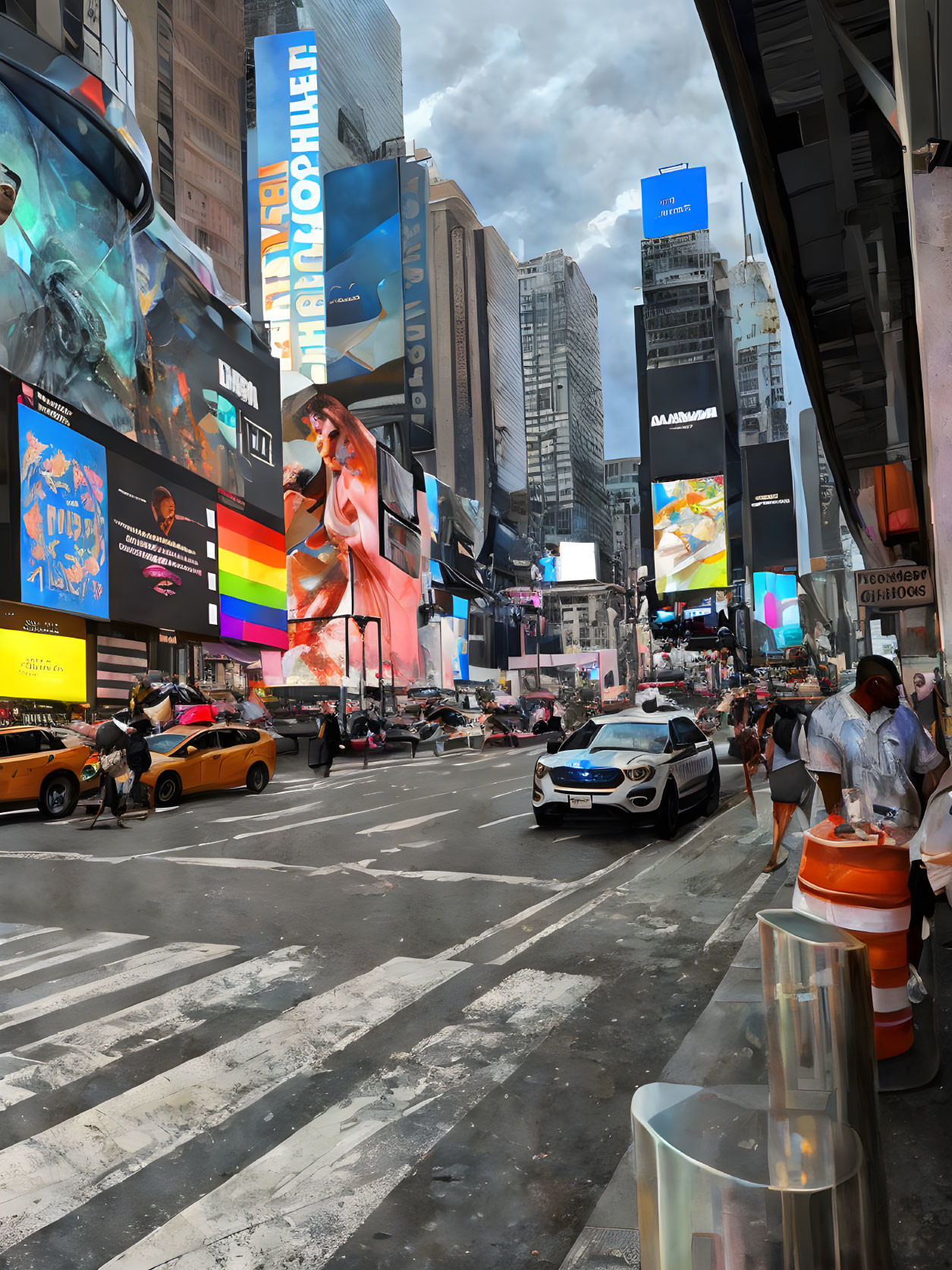 Busy city street scene with digital billboards and cars under cloudy sky