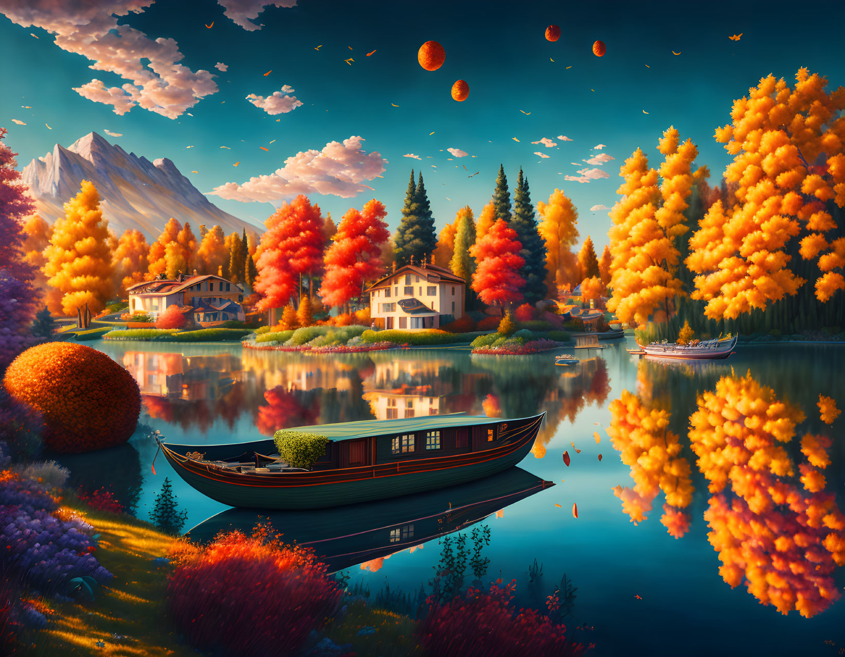 Tranquil autumn lake with colorful trees, boat, and mountains