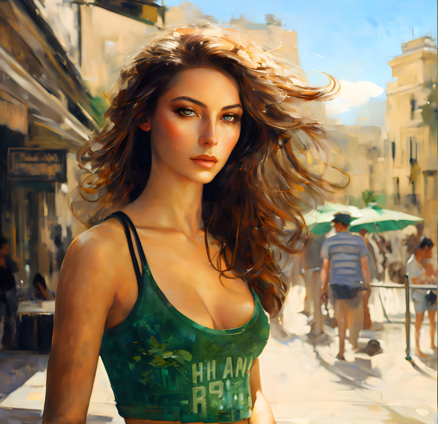 Digital artwork of woman with voluminous wavy hair in green tank top amid busy street.