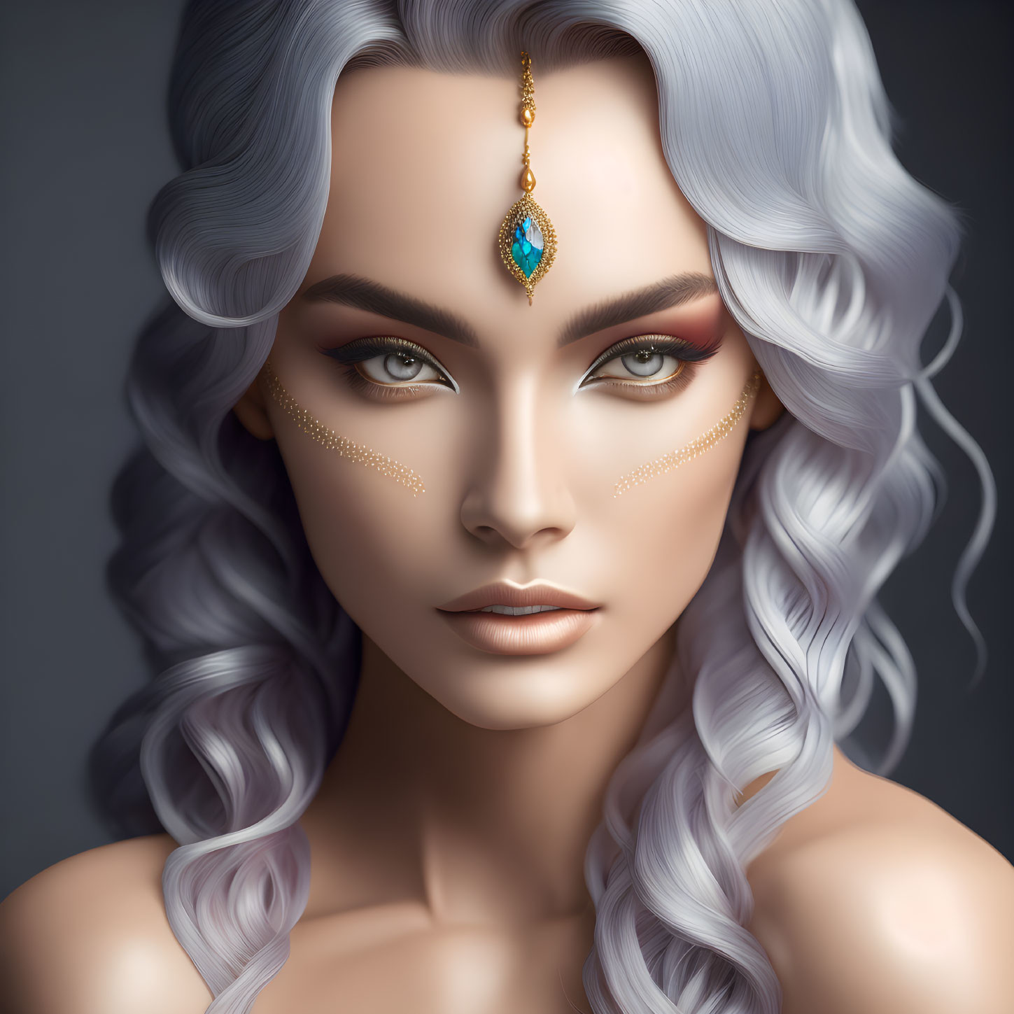 Illustrated woman with gray hair and jeweled headpiece in gold makeup on dark background