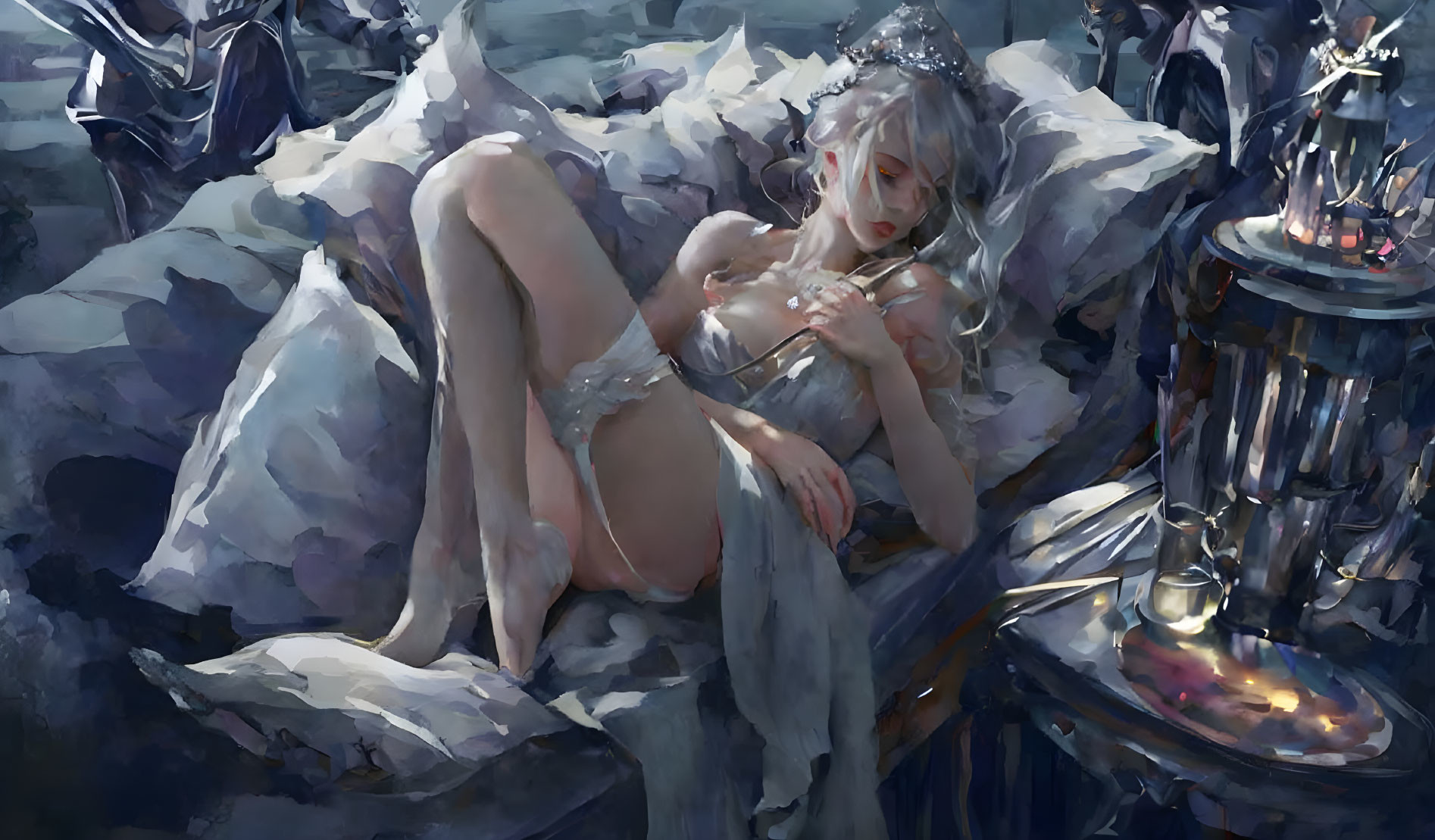 Fantasy female figure reclining in ethereal setting