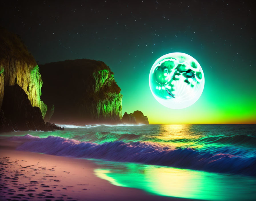 Vibrant beach scene at night with neon green and blue lighting