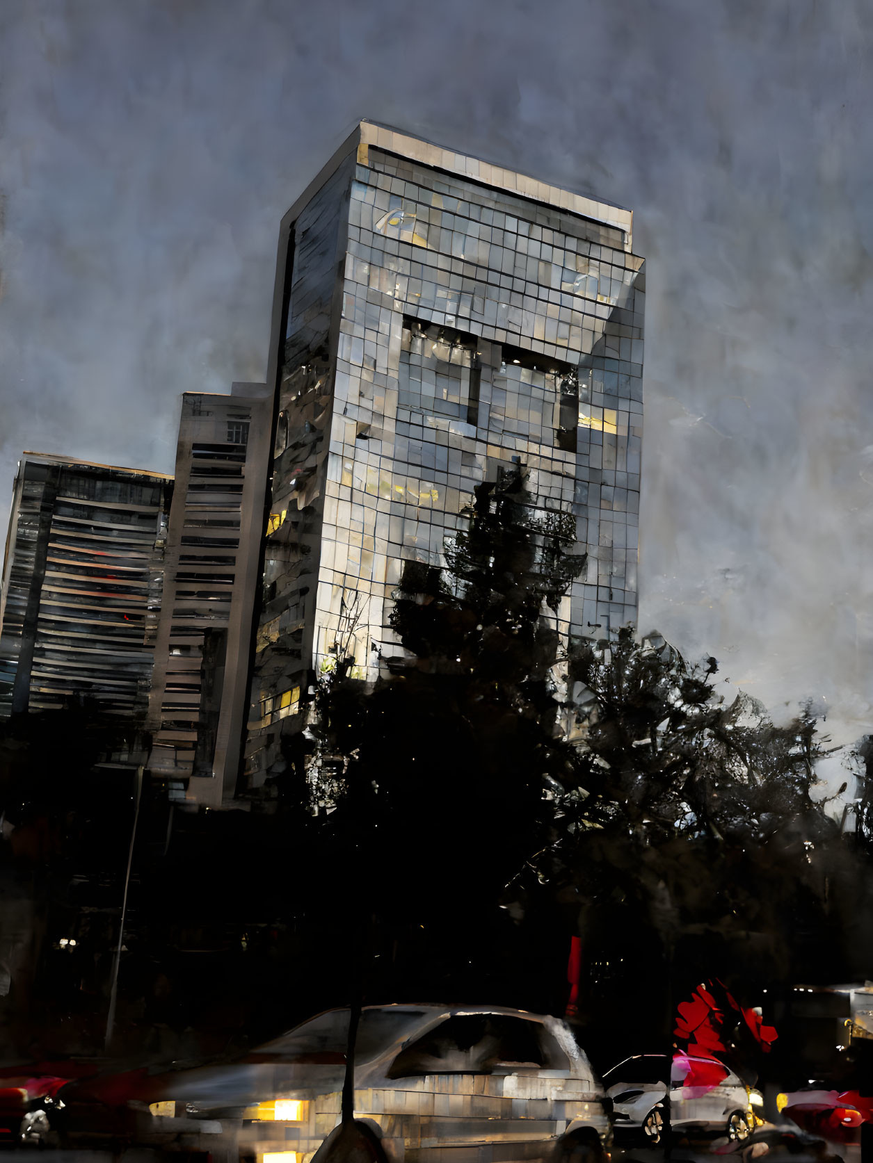 Modern glass building reflecting evening sky in cityscape with traffic and trees.