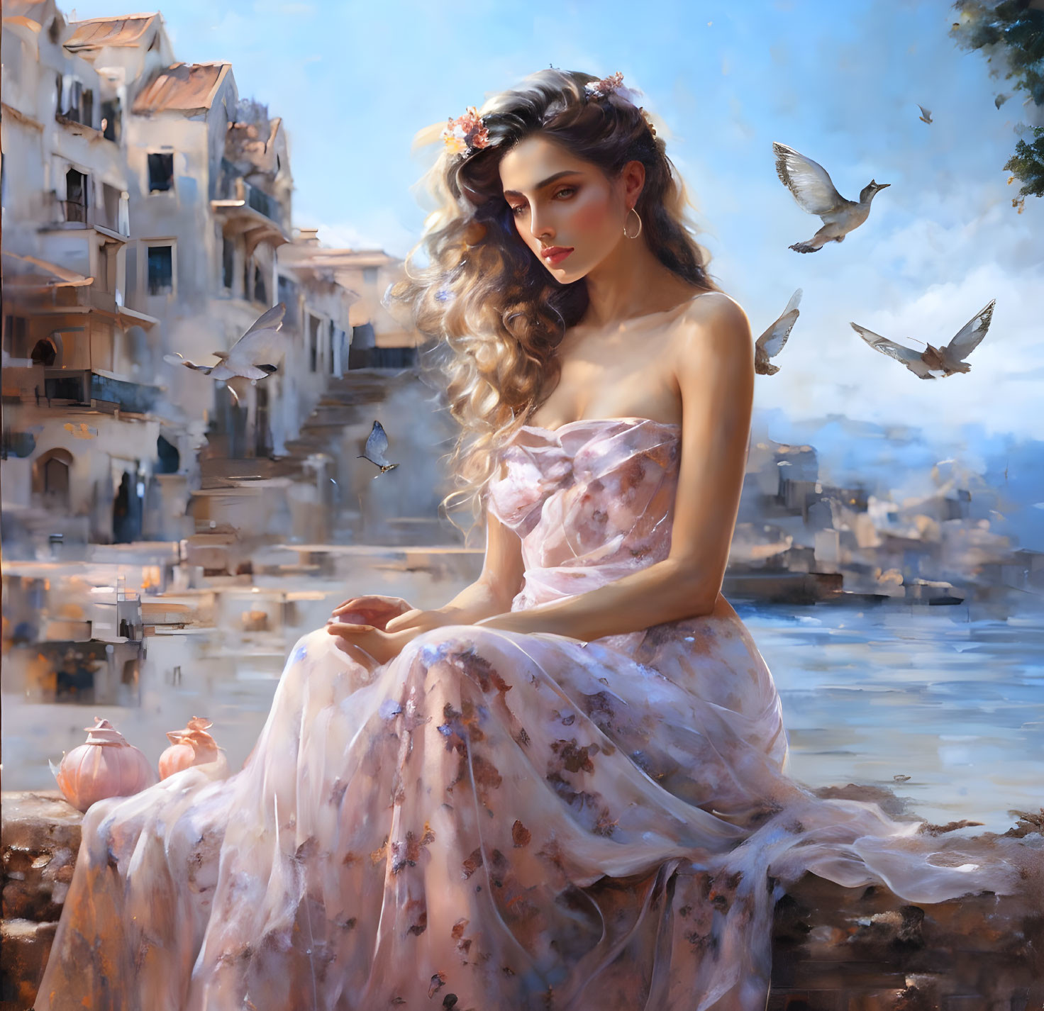 Woman in floral dress by serene waterfront with doves and old buildings