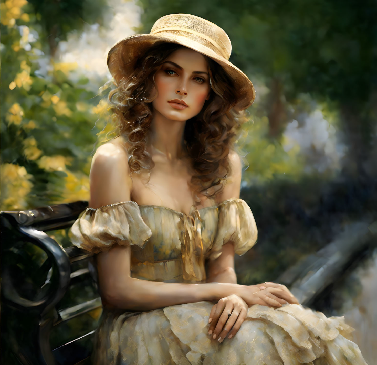 Curly-haired woman in straw hat and off-shoulder dress on bench with green nature backdrop