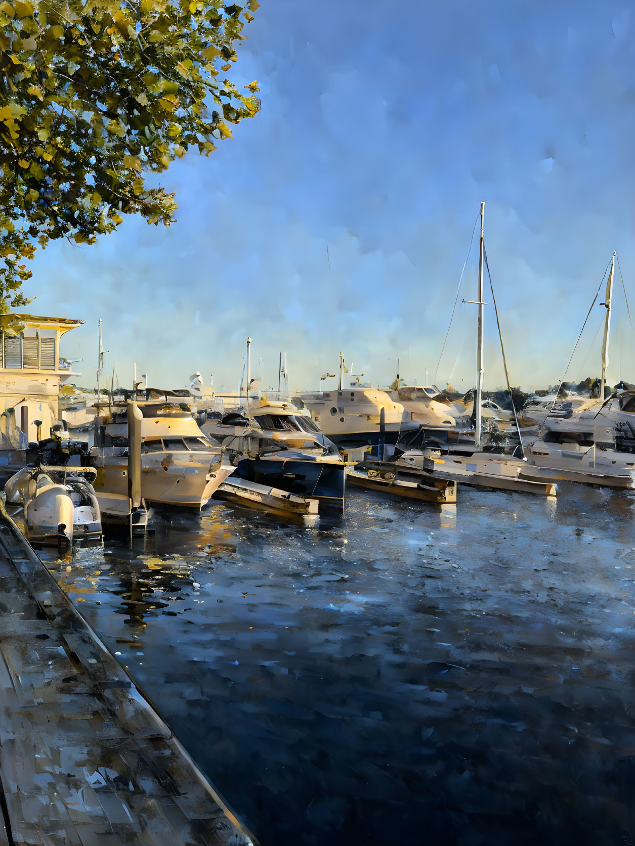 Tranquil marina scene with docked boats, sunlight reflections, and autumn leaves.