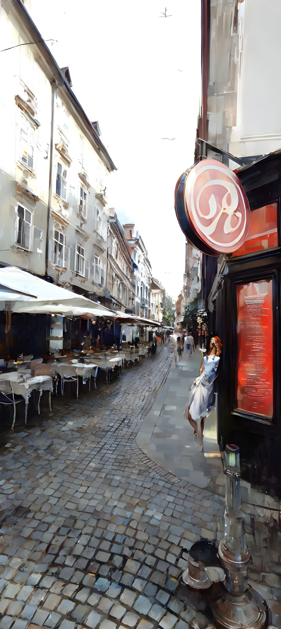 Vibrant city street scene with cafe terrace and pedestrians.