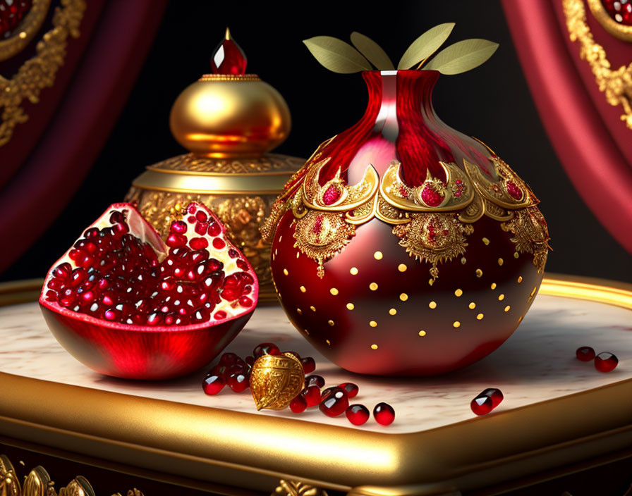 Opulent red vase, pomegranate, seeds, and trinket on dark backdrop