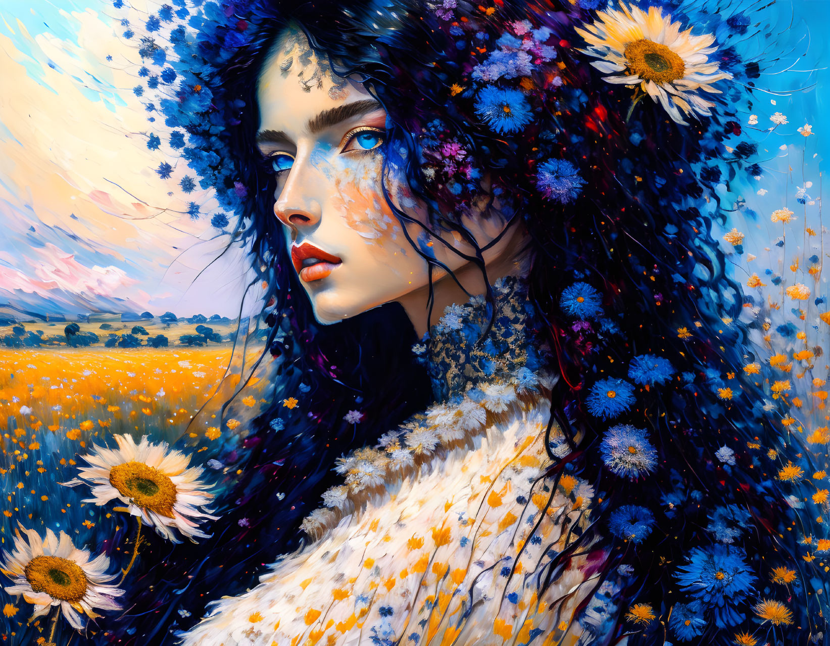 Colorful flower-adorned woman with blue-black hair in golden field portrait.